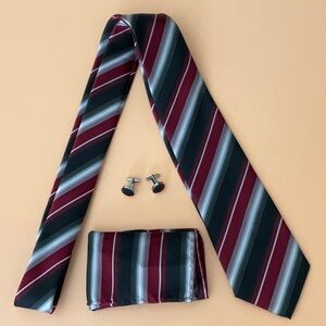 Red and Black Striped Tie Set with Cufflinks. Hand Tailored 100% Silk